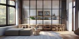 Modern living room with 3D rendered furniture by CG Viz Studio showcasing detailed textures and realistic lighting