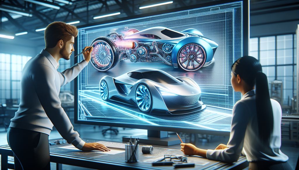 Two product designers are working on a 3D holographic model of a futuristic car, highlighting the intricate details of its mechanisms and aerodynamic structure in a high-tech development studio