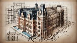 A detailed 3D architectural model of a historic building is superimposed over its blueprints, illustrating the transition from traditional 2D drafting to modern 3D visualization.