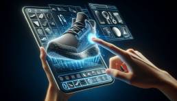 A person interacts with a holographic 3D model of a shoe, demonstrating advanced product visualization technology on a digital interface.