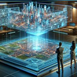 Two professionals standing in front of a holographic 3D city model displayed above a high-tech interface table in a modern visualization studio.