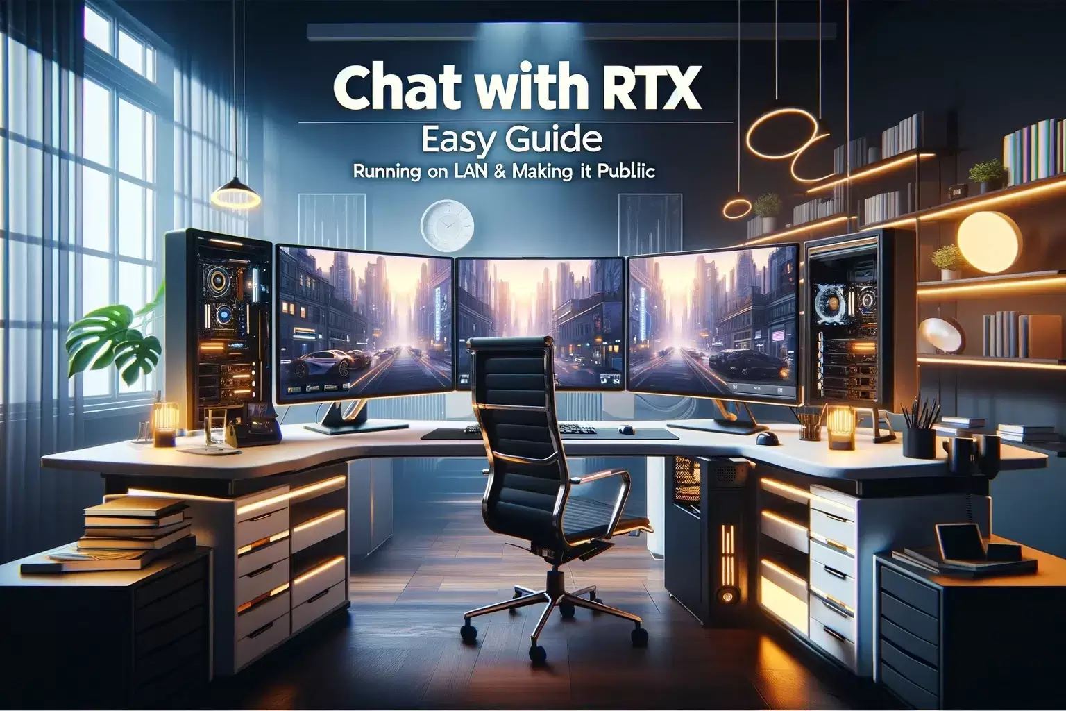 Modern computer setup with Chat with RTX application on dual monitors in a contemporary office, highlighting the guide for LAN and public sharing.