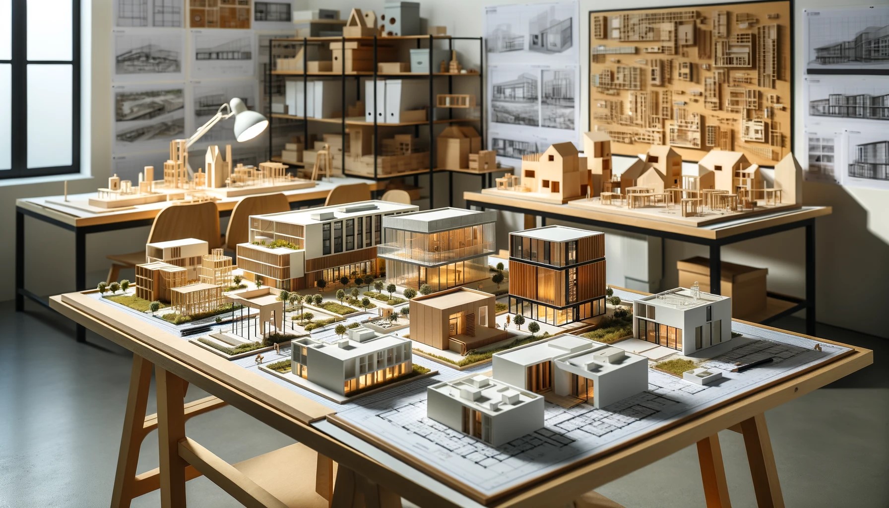 Architectural studio displaying diverse scale models made from wood, acrylic, and foam core, showcasing the art of model making with tools and materials in the background