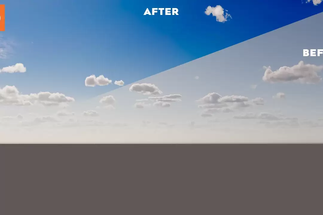 Screenshot of 3D rendering process in Chaos Corona 11 showing enhanced blue sky with unaffected white clouds.