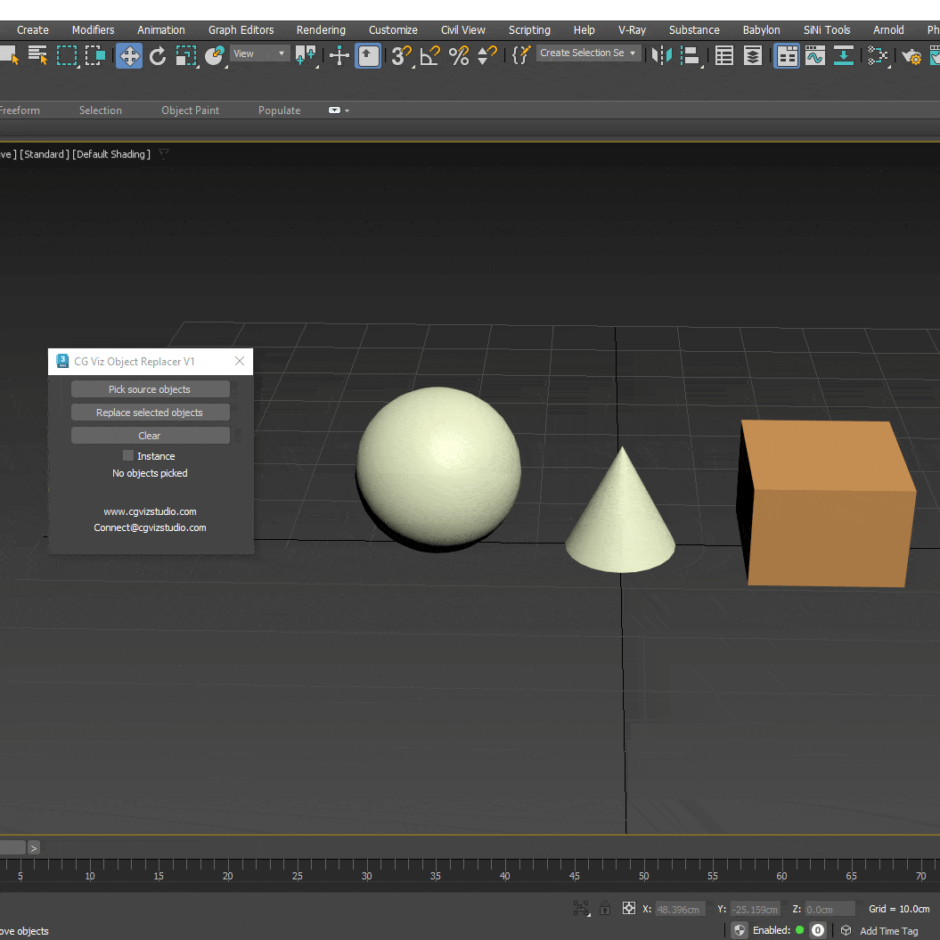Picking source objects in the CG Viz Object Replacer script UI in 3ds Max.