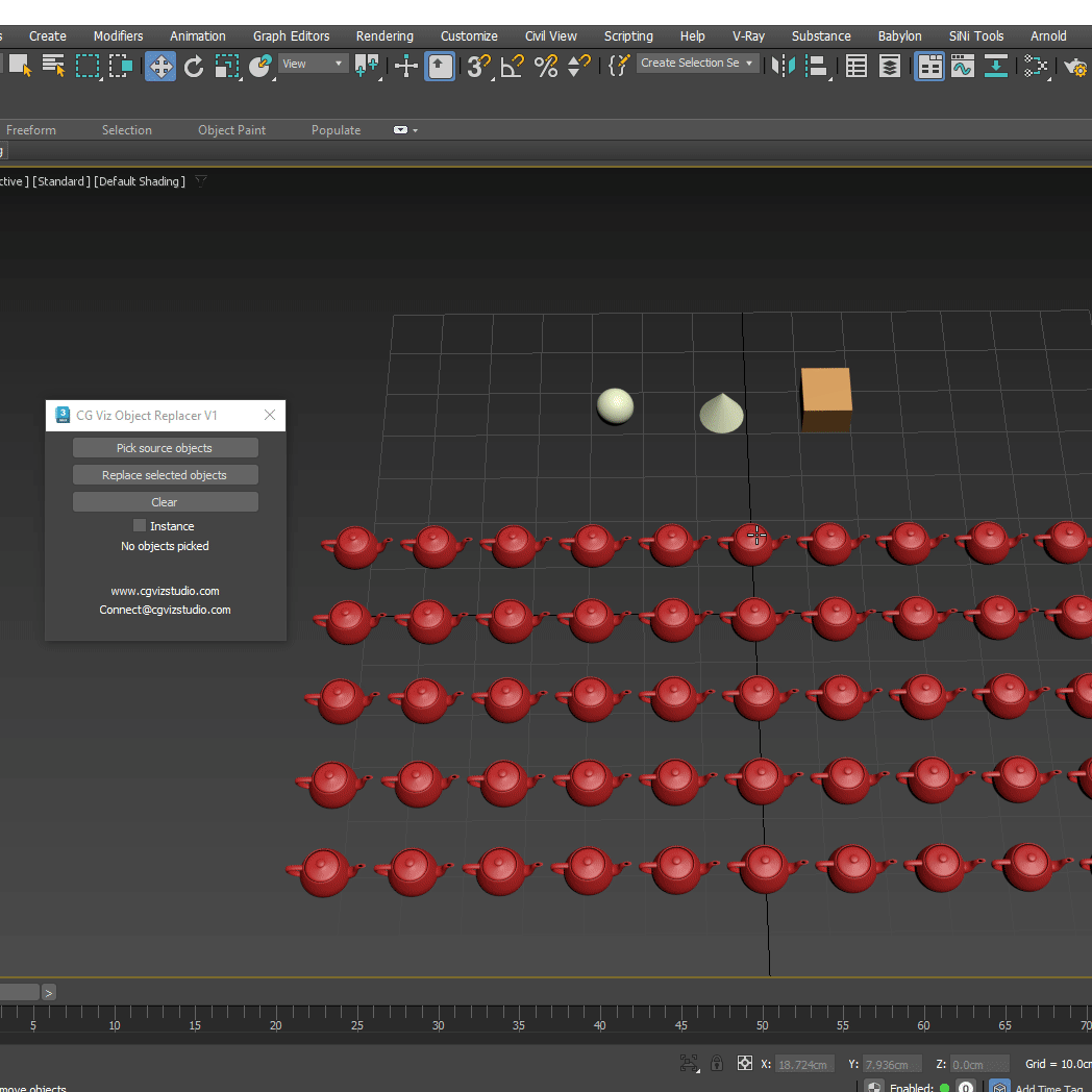 Replacing selected objects with the CG Viz Object Replacer script in 3ds Max.