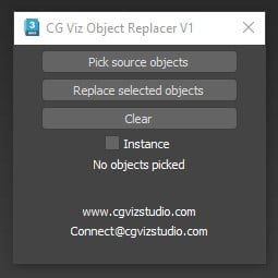 User interface of the CG Viz Object Replacer script in 3ds Max.