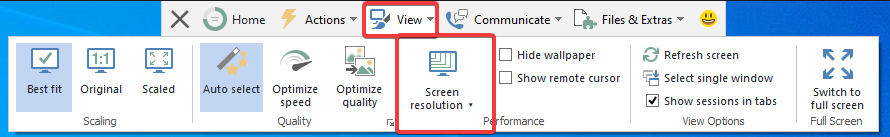 TeamViewer toolbar showing the screen resolution adjustment feature