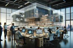 A spacious, contemporary architectural office filled with designers working on 3D visualization software. Multiple screens display 3D models of buildings, with some architects discussing plans and others using VR headsets