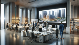 Modern architectural office with diverse architects discussing over large monitors displaying 3D models of buildings, symbolizing the integration of technology in contemporary architecture design.