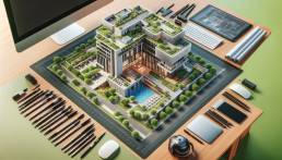 Isometric view of a 3D-rendered architectural model with lush green spaces and modern buildings