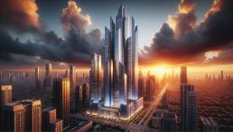 Digital rendering of a modern cityscape at sunrise with towering skyscrapers dominating the skyline against a backdrop of dramatic clouds and a radiant sun peeking from the horizon.