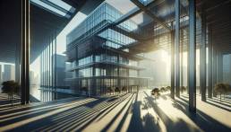 An architectural visualization showcasing the interplay of sunlight and shadows through a modern glass building with multiple layers of transparent and mesh facades