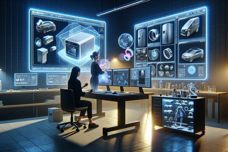Digital marketing professionals analyzing a holographic 3D product display in a futuristic workspace, symbolizing the advanced era of product visualization.