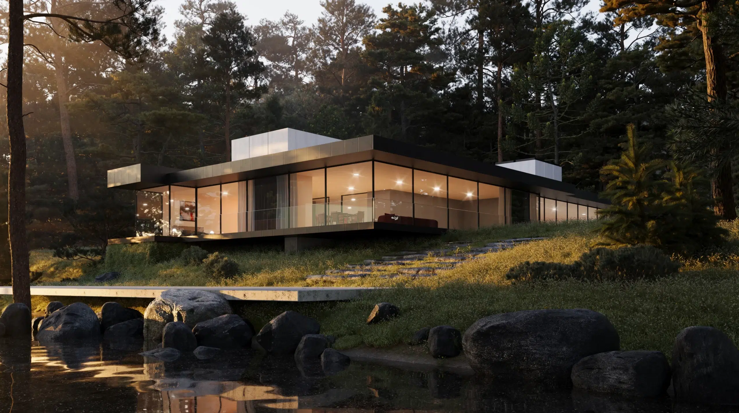 A modern glass house with warm interior lighting stands by a tranquil lakeside