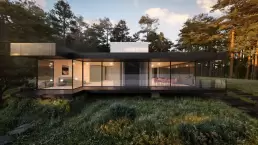 A 3D rendering of a modern house with expansive glass windows nestled in a dense forest at dusk.