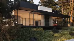 A 3D visualization of a modern, flat-roofed house with large glass windows