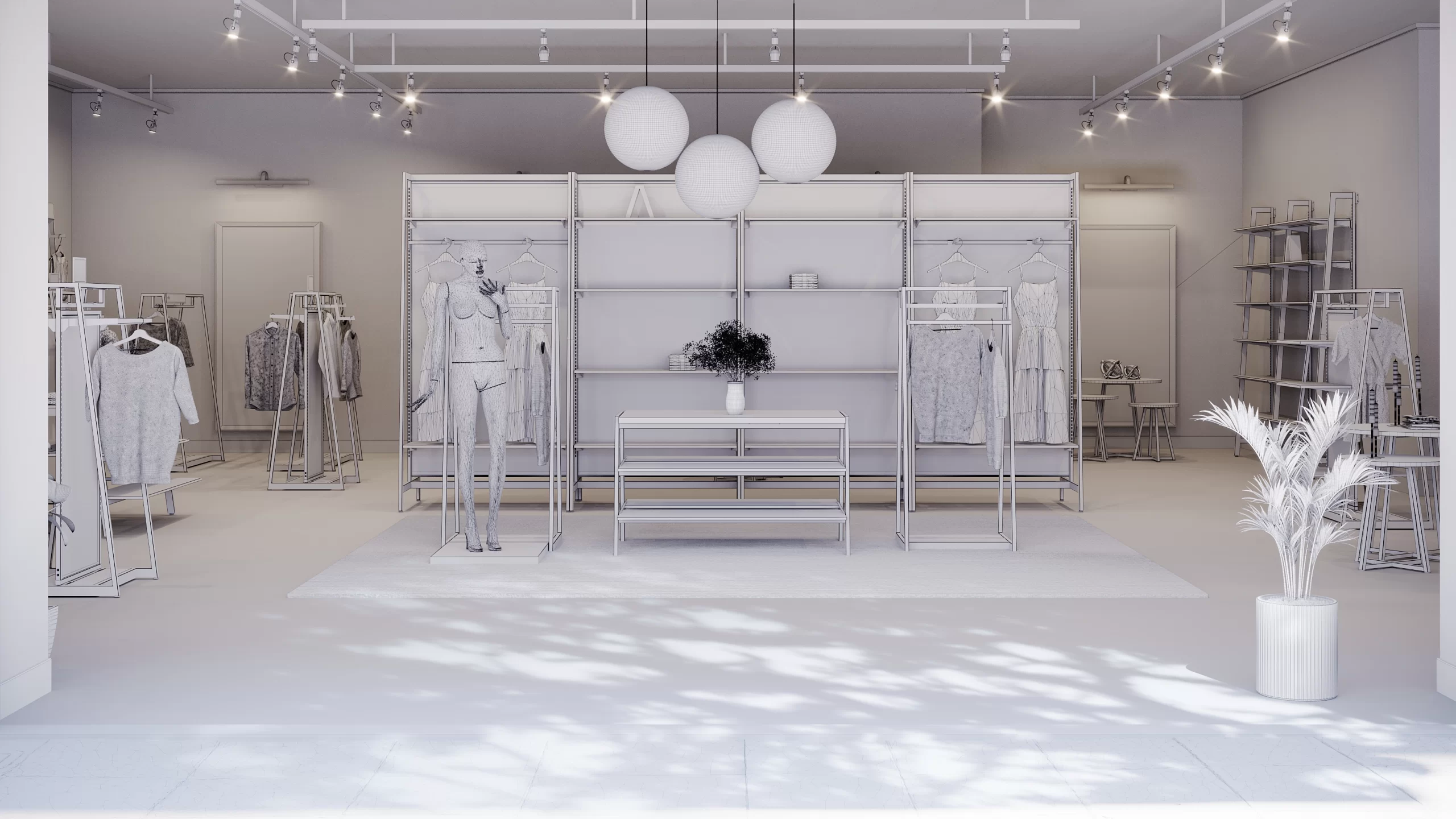 Wireframe rendering of a bright and modern boutique interior designed by CGViz Studio.