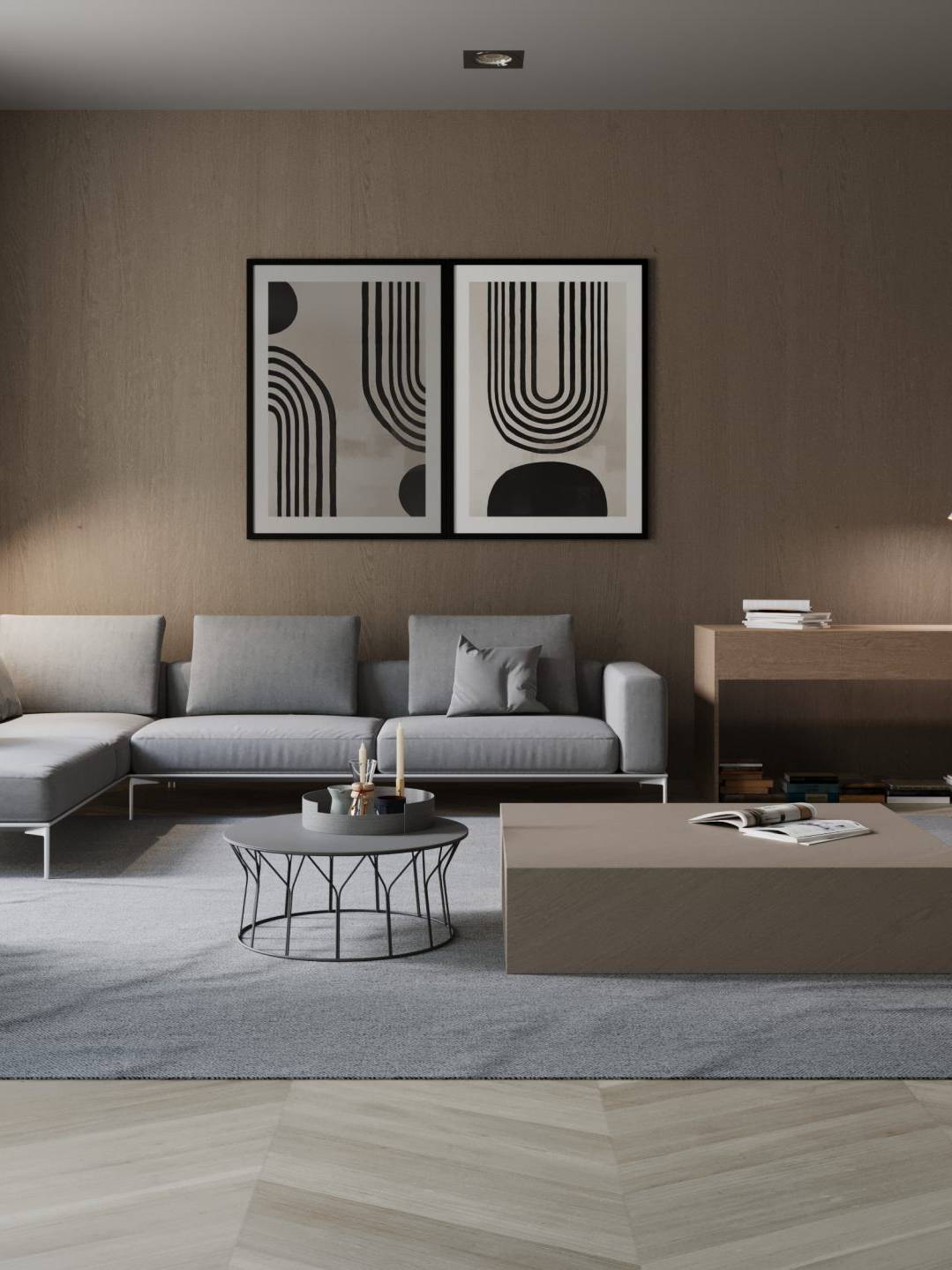 3D visualization of a modern living room by CG VIZ Studio, featuring an armchair, sofa, coffee table, and study table against a snowy window backdrop.
