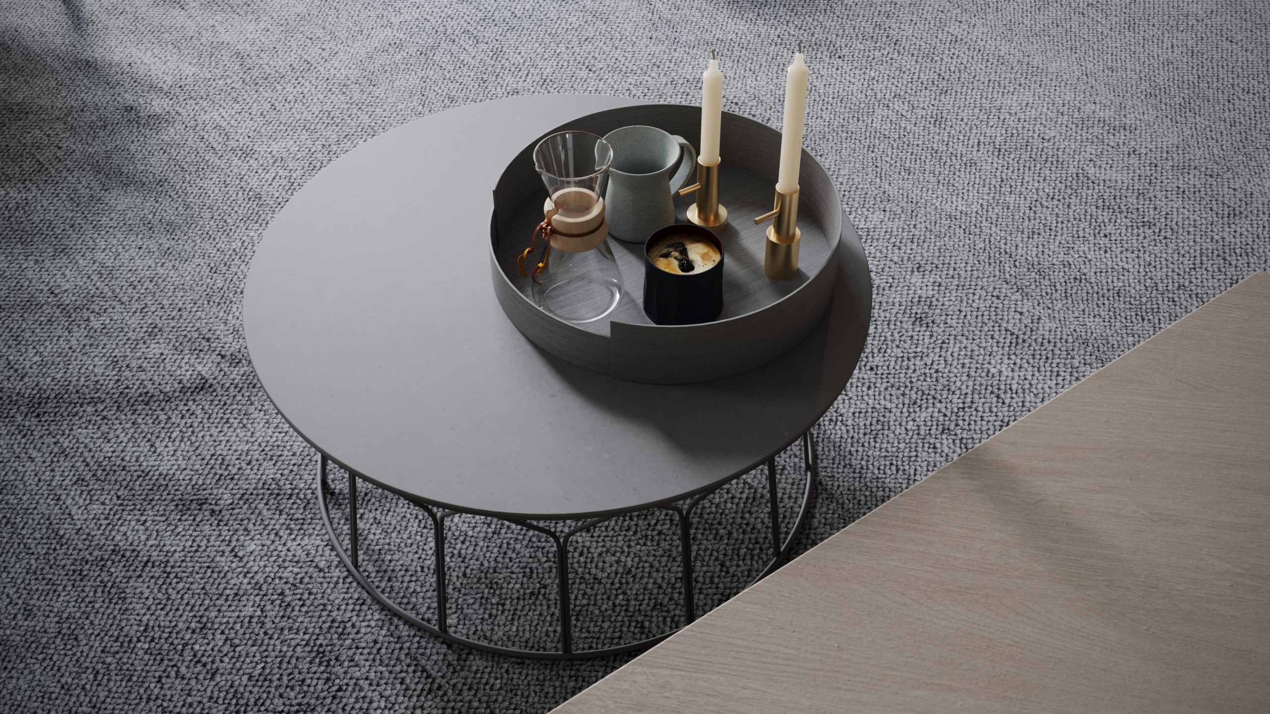 3D visualization of a grey coffee table adorned with mugs and candles in FrostFrame Living Room by CG VIZ Studio.
