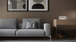 Close-up 3D render of a grey sofa in FrostFrame Living Room by CG VIZ Studio.