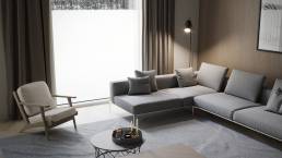 3D visual of FrostFrame living room by CG VIZ Studio, featuring an armchair, sofa, and coffee table against a snowy window view.