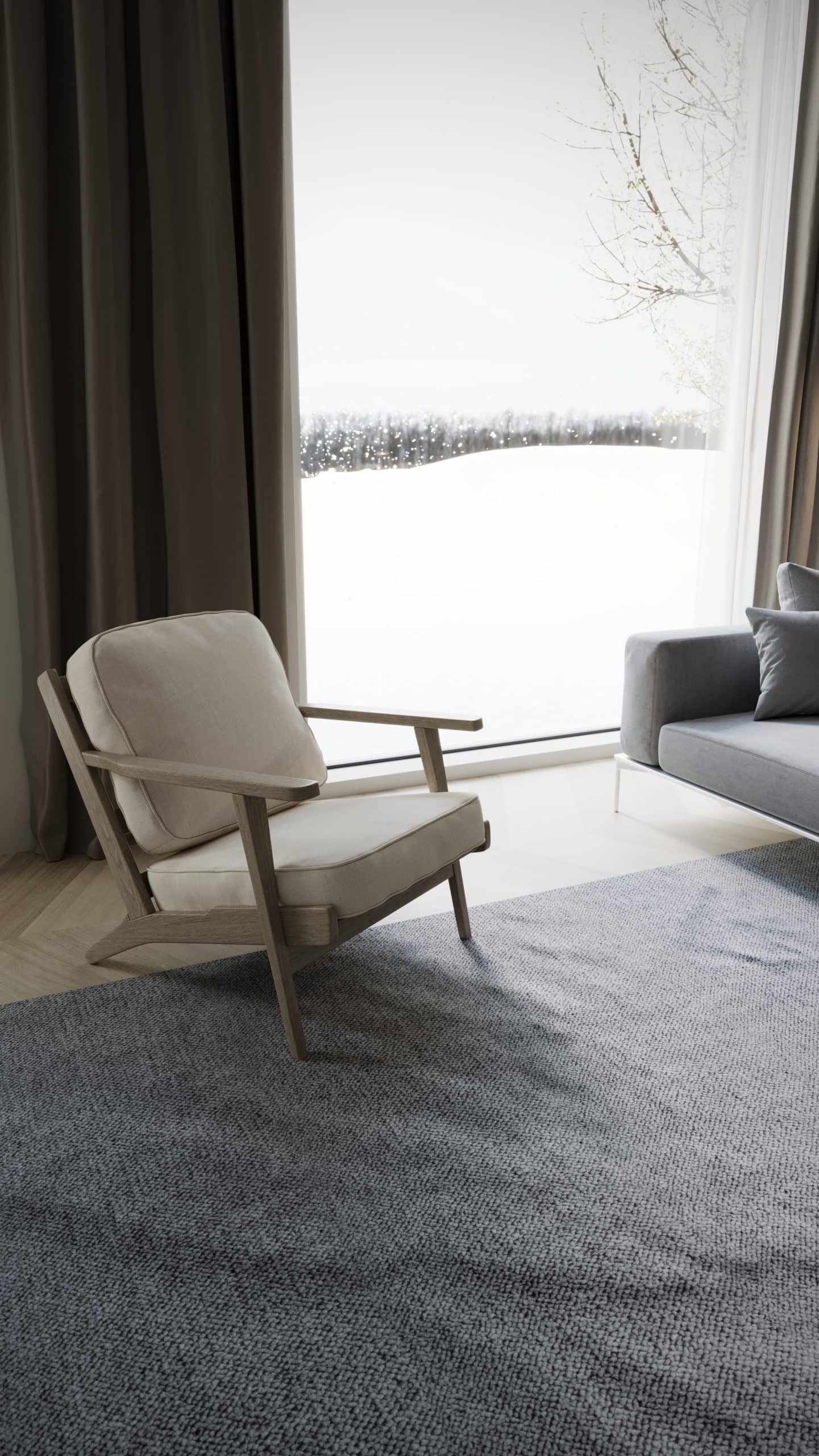 3D visual of an armchair with beige cushions, a big window showcasing snowfall, and a hint of a sofa corner by CG VIZ Studio.
