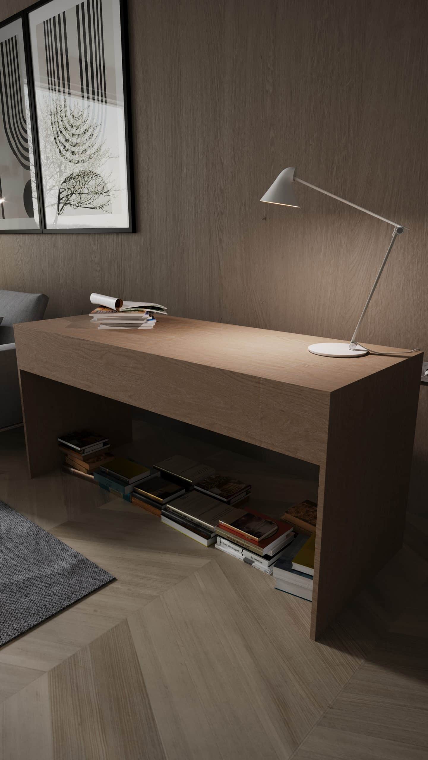 Tilted top-right shot showcasing a dark oak study table, lamp, and books by CG VIZ Studio.