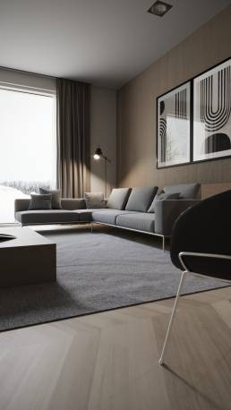 3D visual from the right side, looking at the sofa in the corner of the room by CG VIZ Studio.