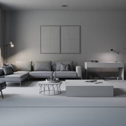 3D visualization of a modern living room by CG VIZ Studio, featuring an armchair, sofa, coffee table, and study table against a snowy window backdrop.