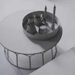 3D visualization of a grey coffee table adorned with mugs and candles in FrostFrame Living Room by CG VIZ Studio.