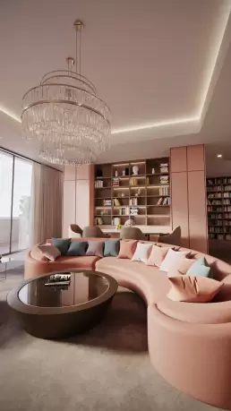 CG Viz Studio's 3D visualization of a luxurious pink curved sofa