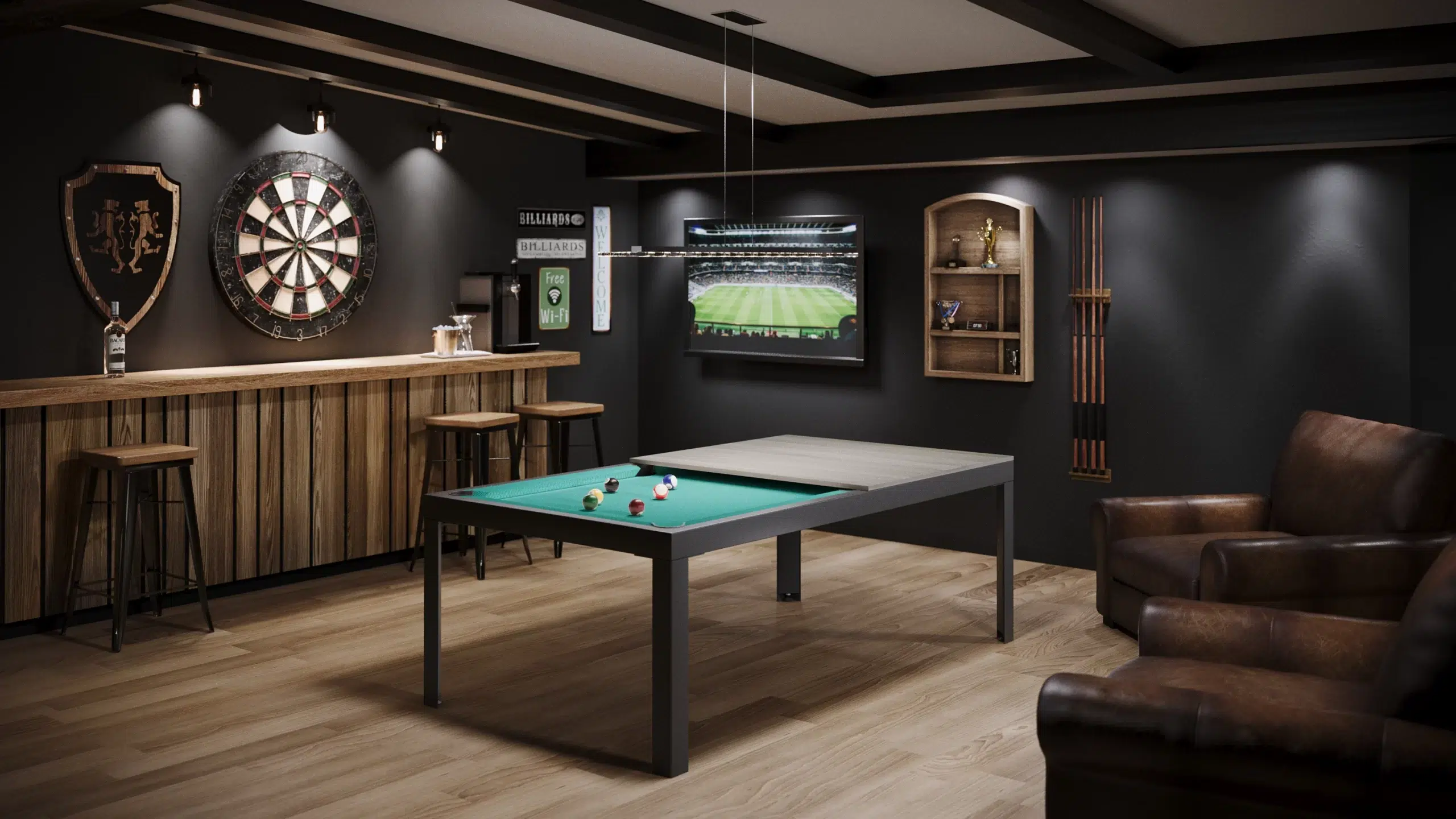 A chic game room featuring a pool table, bar stools, and classic dartboard, rendered by CGVIZ Studio