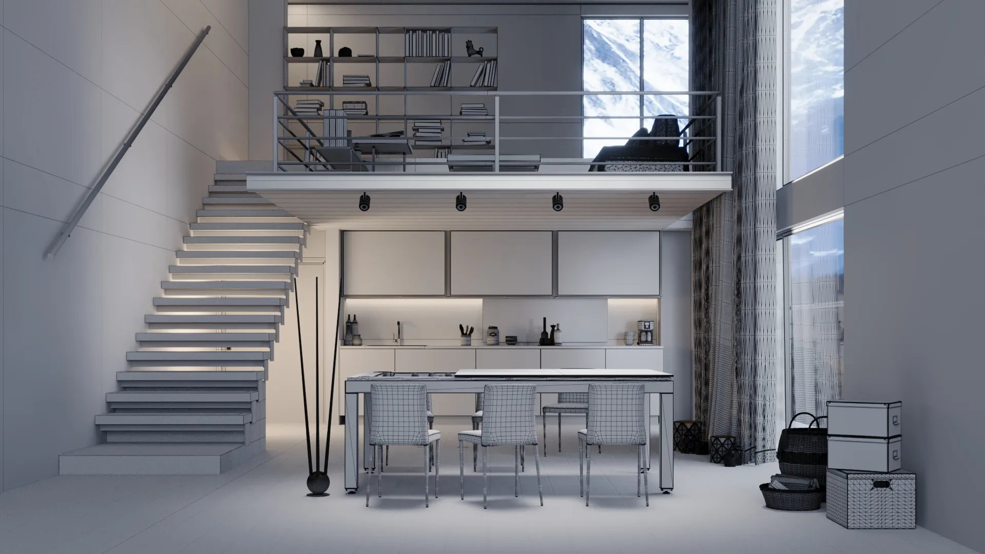3D visualization of a sleek, white mountain loft kitchen with modern furnishings and alpine views, designed by CGVIZ Studio.