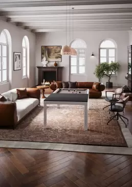 3D visualization of a classic living room with herringbone wood floors and a central pool table, designed by CGVIZ Studio