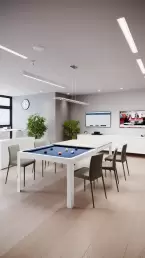 3D visualization of a modern office with a minimalist design featuring a billiards table, designed by CGVIZ Studio.