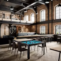 3D visualization of a billiard table in a rustic room with wooden beams and a cozy seating area, designed by CGVIZ Studio