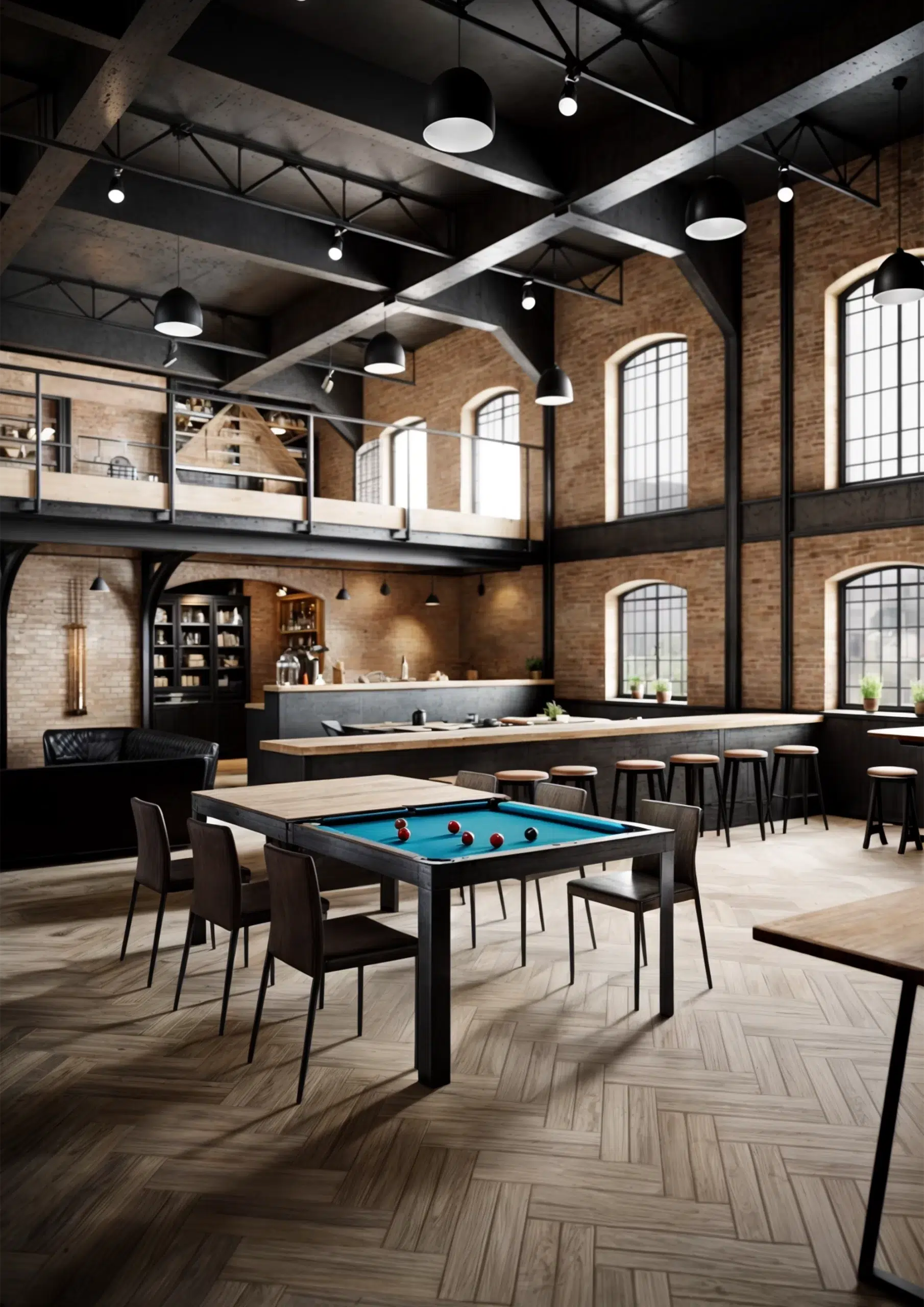 3D visualization of a billiard table in a rustic room with wooden beams and a cozy seating area, designed by CGVIZ Studio