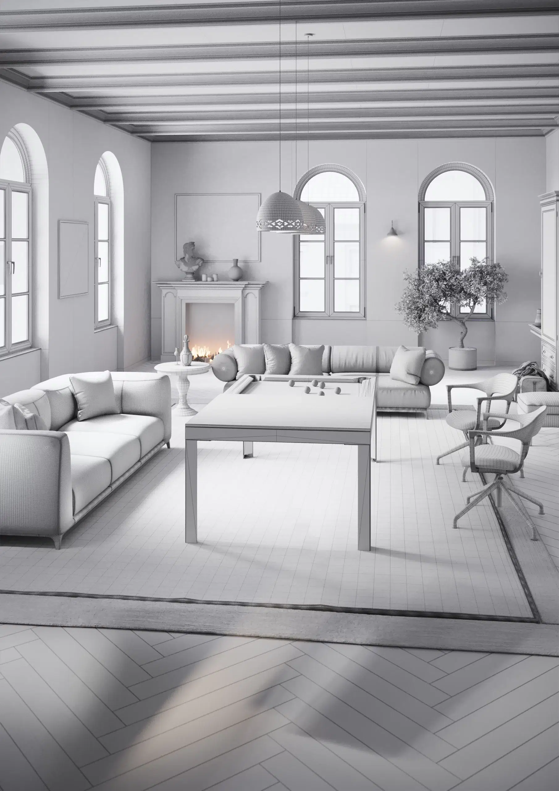 Wireframe render of a sophisticated living room with a pool table centerpiece, designed by CGVIZ Studio