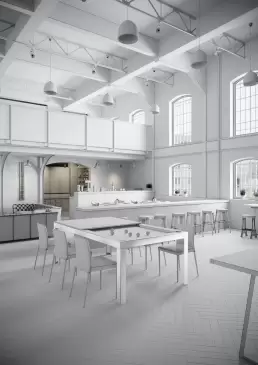 3D visualization of a spacious loft kitchen with high ceilings and industrial windows, designed by CGVIZ Studio