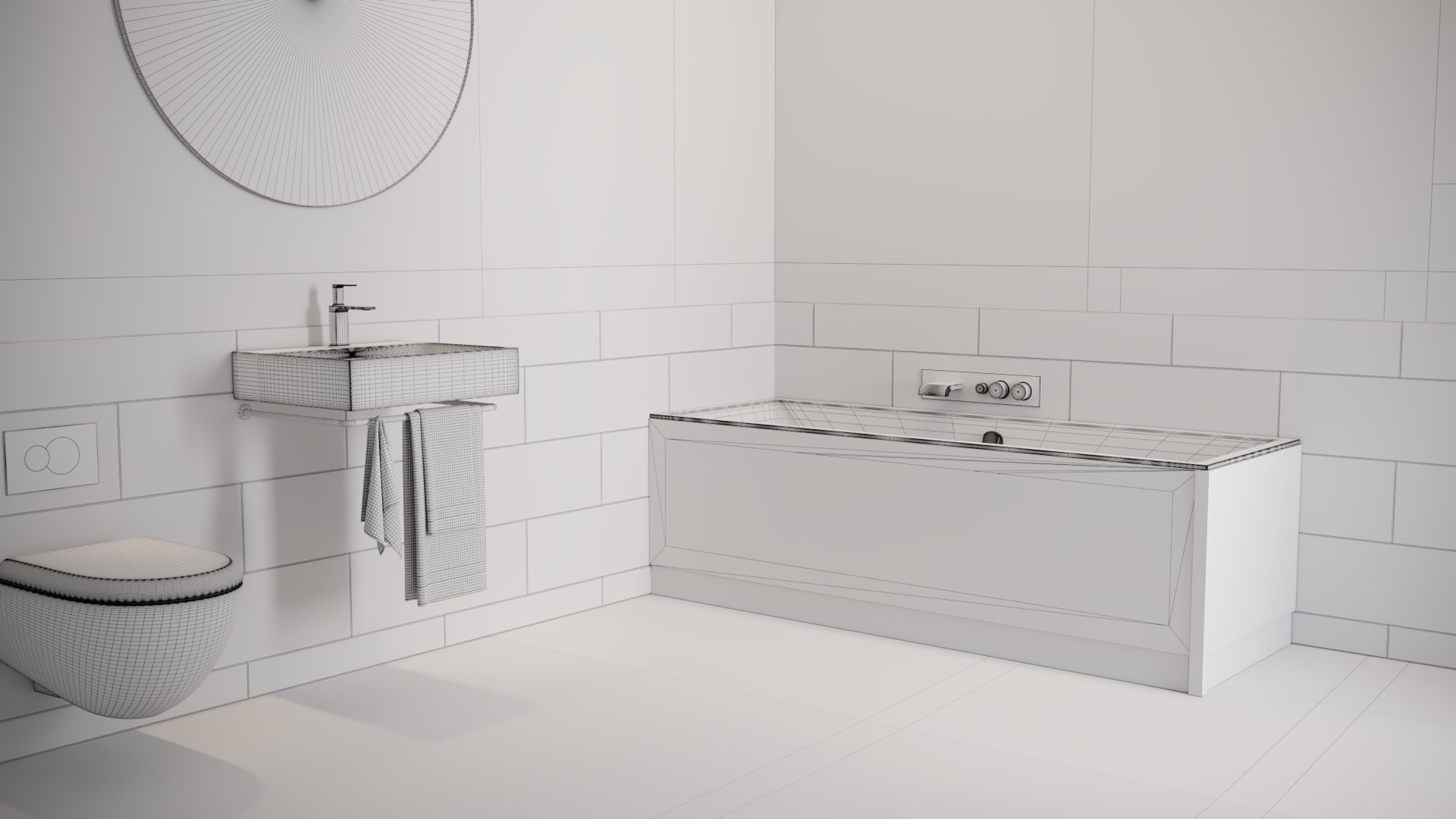 Wireframe rendering of a modern bathroom with QuickFix Bath Panel