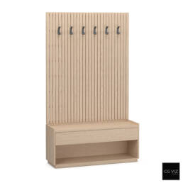 High-quality render of Create and Barrel Batten White Oak Storage Bench and Panel Set