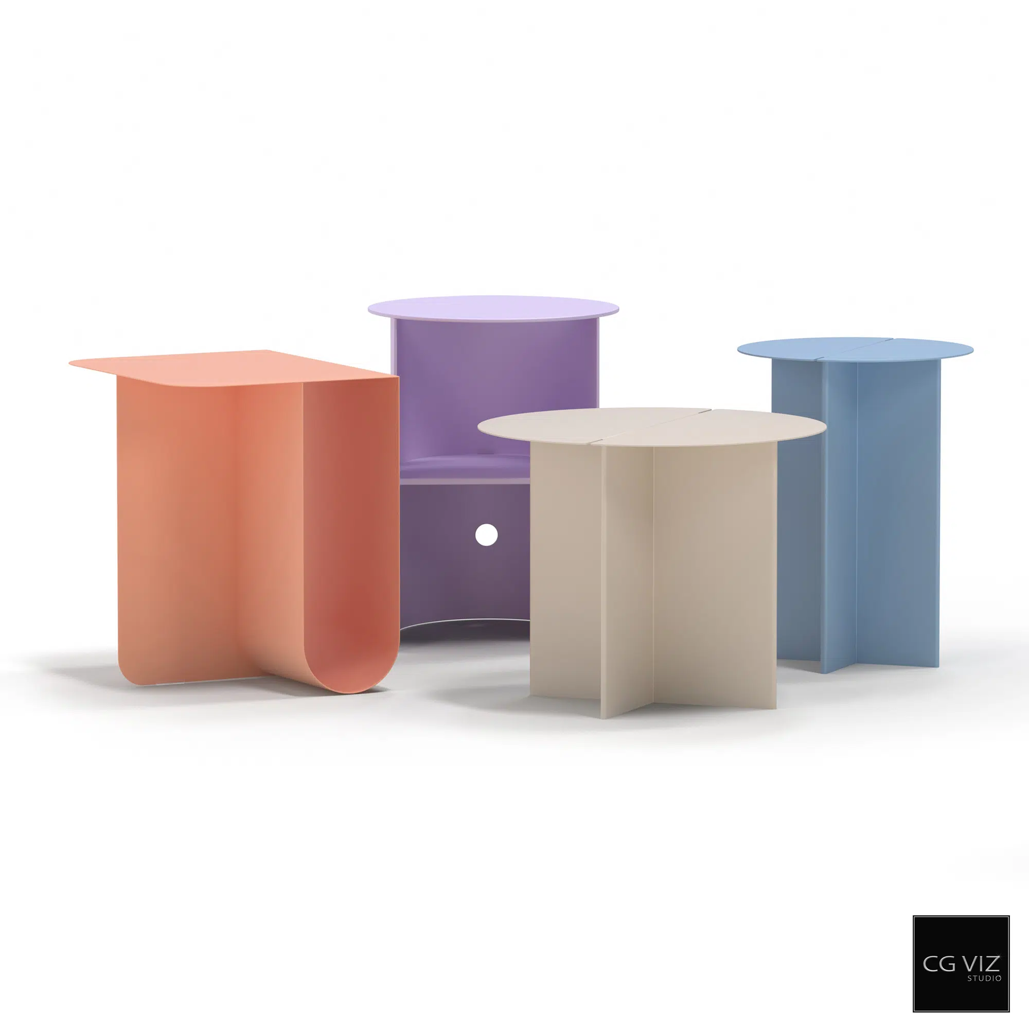 3D models of pastel-colored geometric tables from the Emma Naomi Brenda collection by CG Viz Studio.