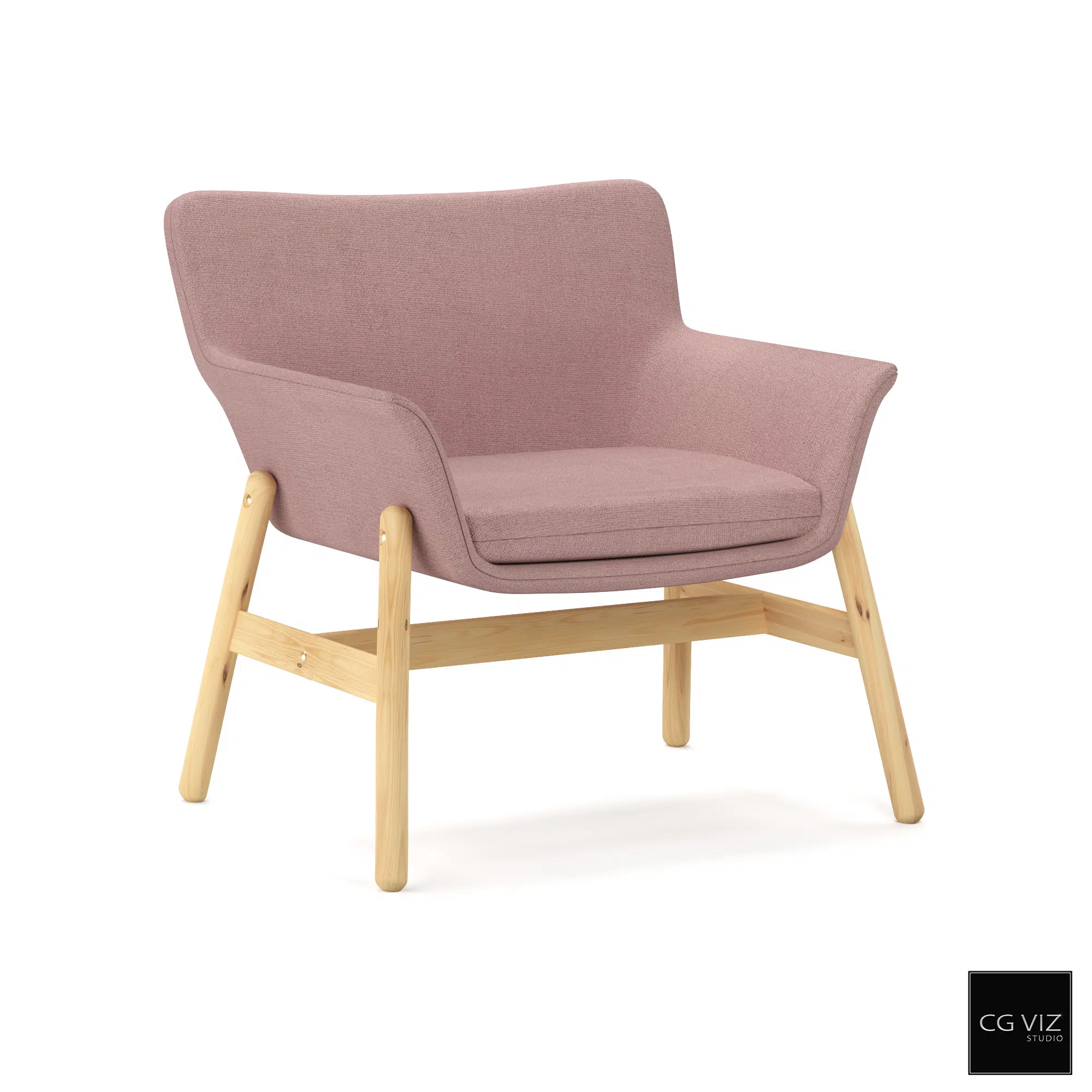 Front view of the Ikea Vedbo Armchair with a pink cushion and wooden legs.