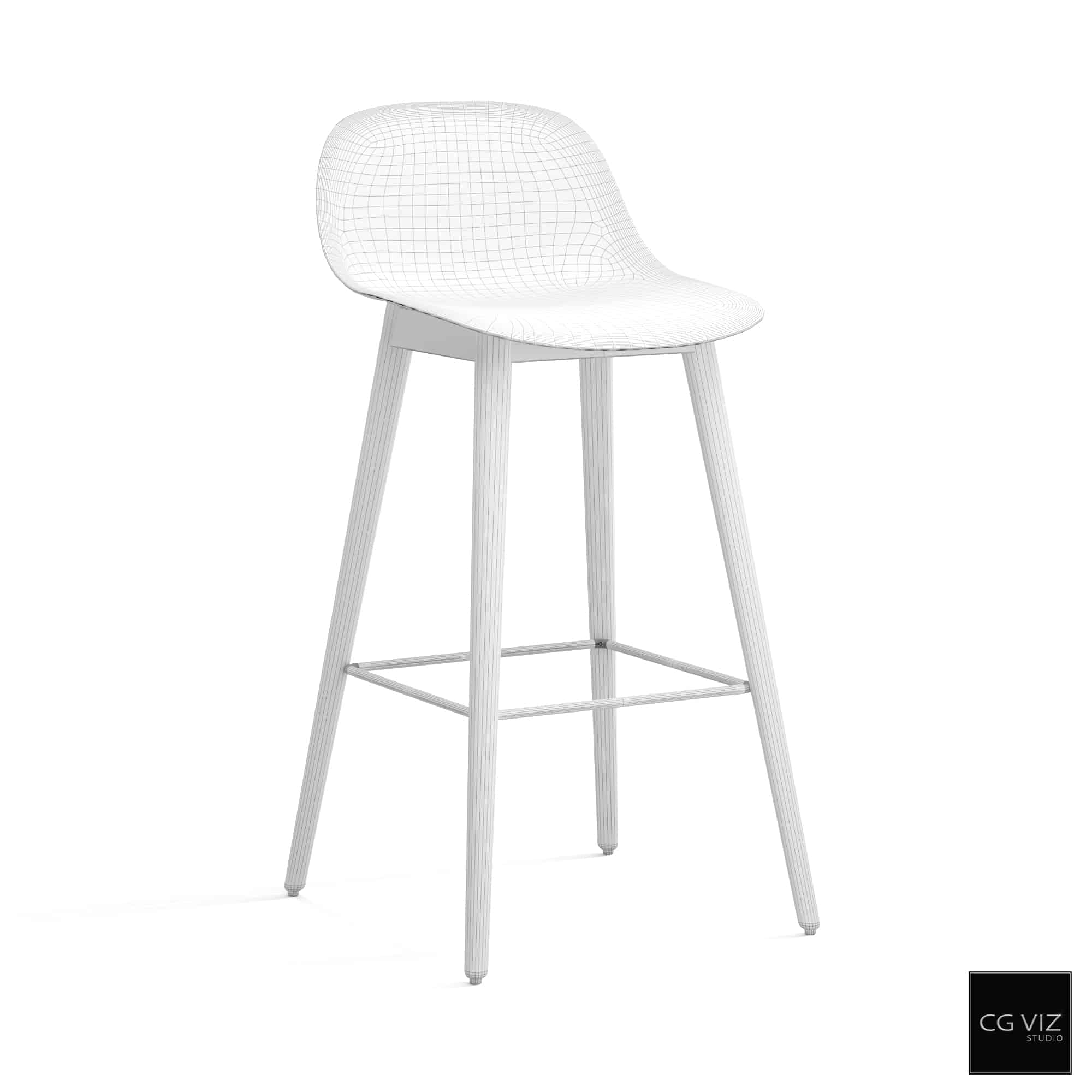Wireframe View of Muuto Fiber Counter Stool Wood Base 3D Model